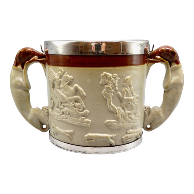 19th-C English Traditional Salt Glazed With Silver Collar & Whippet Dog Loving Cup / Vessel For Sale