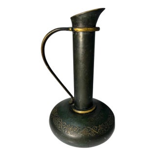 Vintage Israeli Brass Bud Vase Ewer Grapevine Engraved Patina Israel For Sale