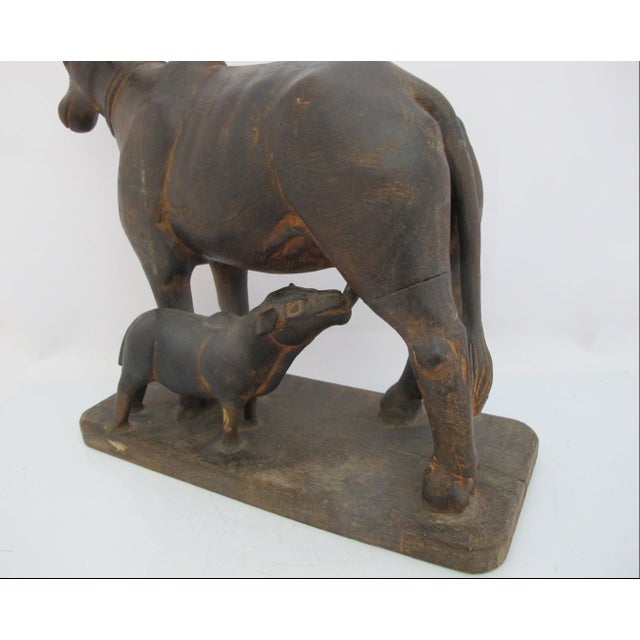 Kamadhenu Wooden Cow & Calf Rustic Hand Carved India Hindu Folk Art Sculpture For Sale In Portland, OR - Image 6 of 11