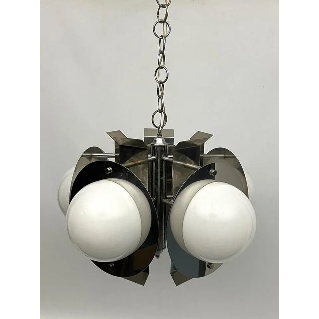 Space Age Five-Light Hanging Light in Chrome and White Glass, Italy, 1970s For Sale - Image 6 of 9