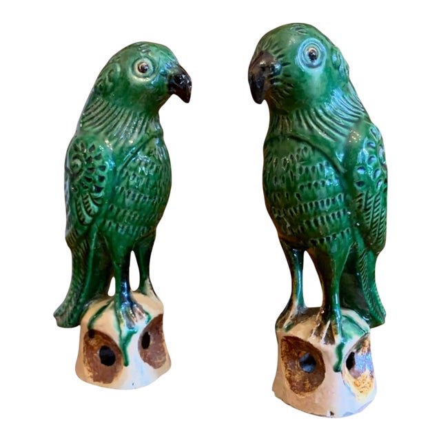 Pair of Antique Sancai Glazed Chinese Export Parrots For Sale