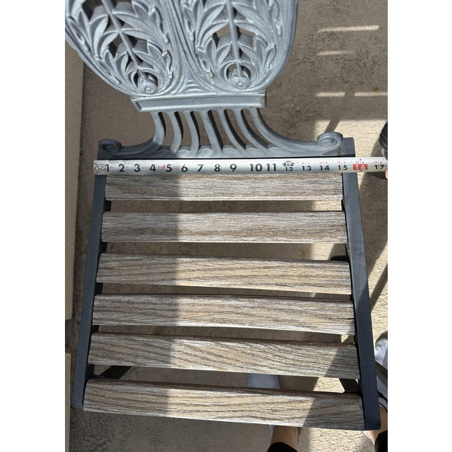 1930s Pair of Neoclassical Lyre Back Cast Iron Lyre Back With Weathered Wood Seats For Sale - Image 9 of 18