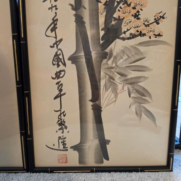 Mid-Century Chinese Faux Bamboo Framed Art Panels - Pair - Hand-Painted Koi & Bamboo Chinoiserie Watercolor Panels For Sale - Image 6 of 13
