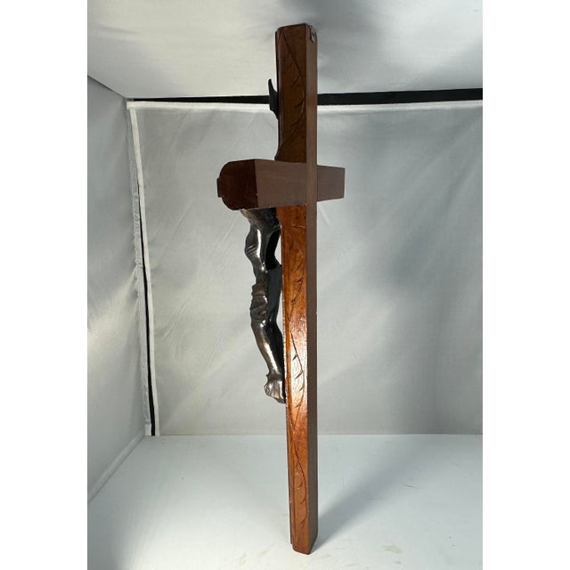 Bronze Large Vintage Crucifix: Bronzed Jesus, Carved Wood Cross For Sale - Image 8 of 10