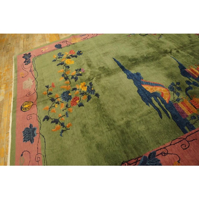 1920s Green Pictorial Antique Chinese Art Deco Carpet Rug 8' X 9'6" Wool Knotted Pile For Sale - Image 9 of 12