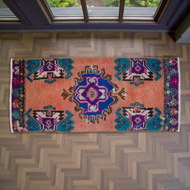 Mid-Century Modern Front of Bath Sink Rug Hand Made Kitchen Mat Colorful Mini Rug 1'6" X 3'4" For Sale - Image 3 of 14