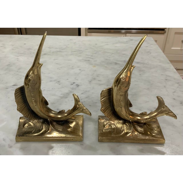 Metal Pair of Vintage Swordfish / Marlin / Sailfish Bookends – Brass Finish - Heavy - Palm Beach Regency, Grandmillennial, Coastal, Ralph Lauren - See Pics! For Sale - Image 7 of 11