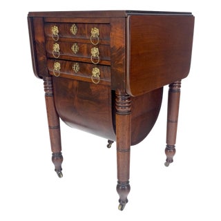 Solid flame Mahogany Turned Legs 3 Drawer Drop Leaf Sewing Stand Cabinet MINT For Sale