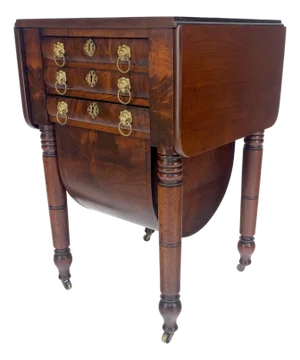 Solid flame Mahogany Turned Legs 3 Drawer Drop Leaf Sewing Stand Cabinet MINT
