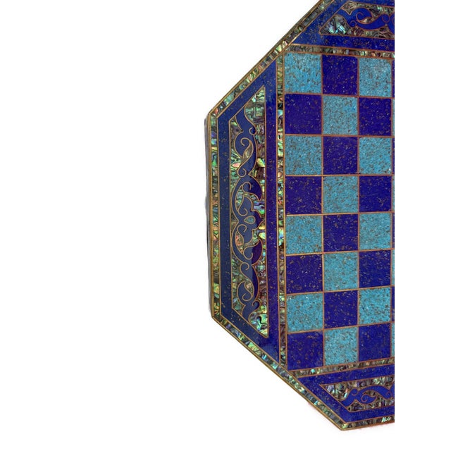 Blue Luxury Handmade Wooden Chess Table With Mother of Pearl Inlay For Sale - Image 8 of 11