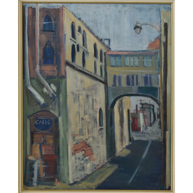 Midcentury Vintage European Village Street Oil Painting For Sale In Los Angeles - Image 6 of 10