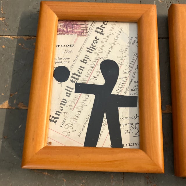 2 original 4 x 6 collages done with vintage papers both signed Overall size with tabletop frame is 5.5 x 7.5