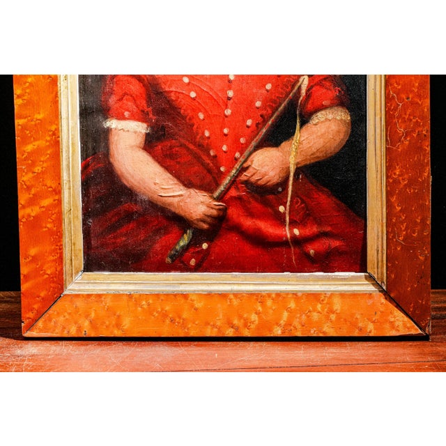 English School Antique Folk Art Oil Painting Portrait in Burr Wood Frame Home Wall Decor For Sale - Image 15 of 18