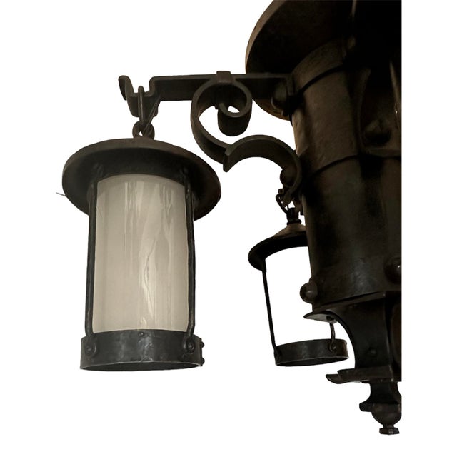 Arts & Crafts 4 Lantern Craftsman Iron and White Cylinder Glass Chandelier in Original Black Paint, Circa 1920 For Sale - Image 3 of 5