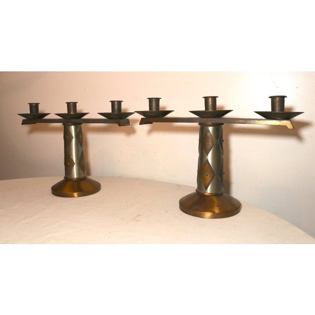 Arts & Crafts Share Pair of 2 Vintage Bronze Arts & Crafts Altar Candlesticks Church Candle Holders For Sale - Image 3 of 11