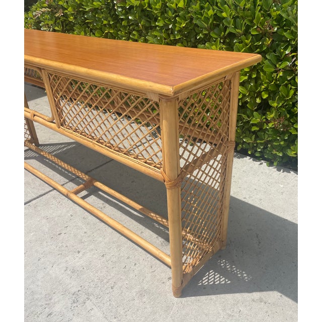 Vintage Rattan Console Sofa Table Woven Trellis Design For Sale - Image 4 of 8