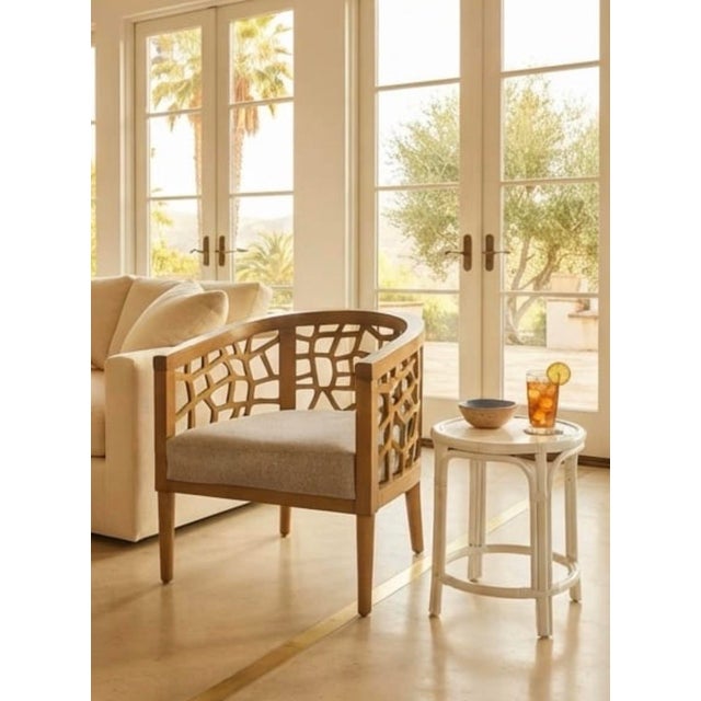 Mid-Century Modern Organic Lattice Teak Barrel Chair With Linen Cushion For Sale In West Palm - Image 6 of 12