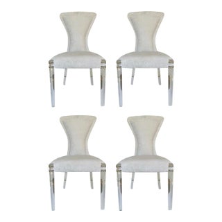 Baker Modern White and Gray Cut Velvet IIa Dining Chairs Set of 4 For Sale