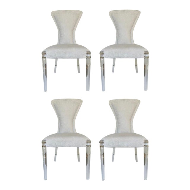 Baker Modern White and Gray Cut Velvet IIa Dining Chairs Set of 4 For Sale