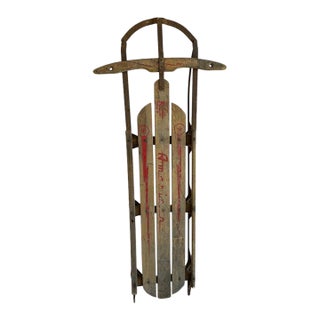Antique American Wooden Sled With Original Red Graphics For Sale