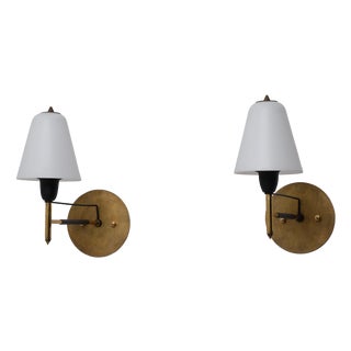 Italian Brass and Opaline Glass Wall Sconces, 1950s, Set of 2 For Sale