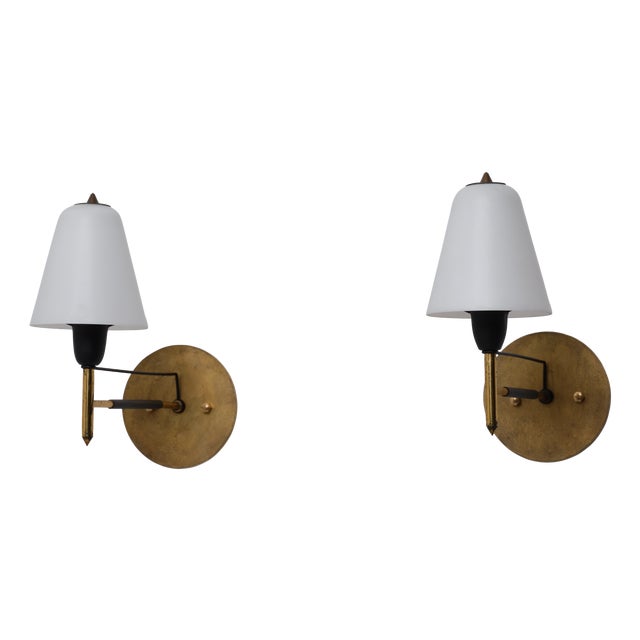 Italian Brass and Opaline Glass Wall Sconces, 1950s, Set of 2 For Sale