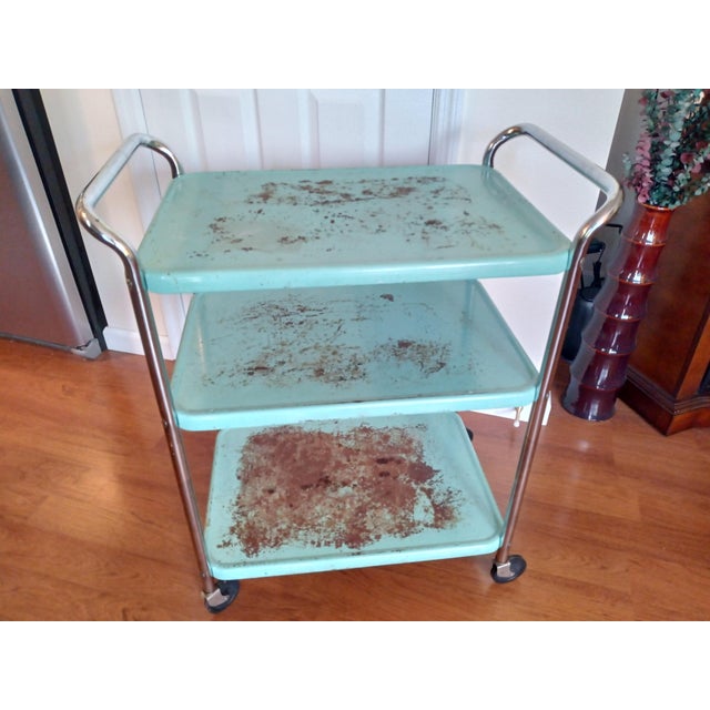 Mid-Century Modern Vintage 1950's Turquoise Cosco Kitchen Cart For Sale - Image 3 of 7