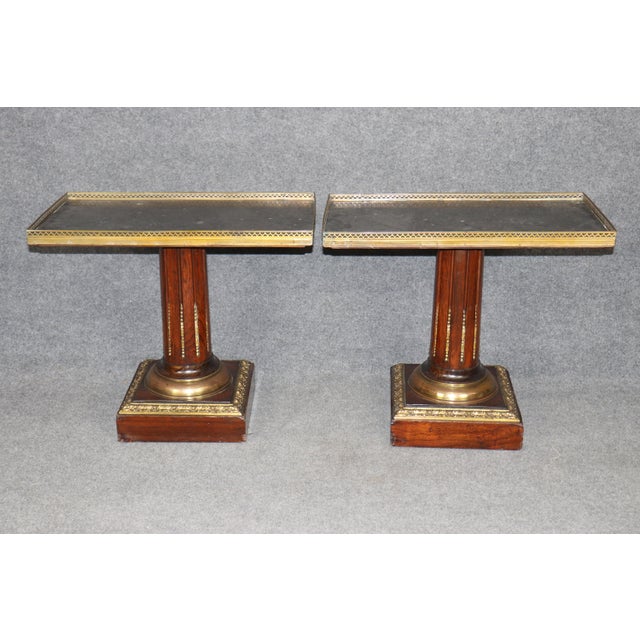 Wood Pair of French Directiore Style Marble Top Pedestal & Brass Mounts End Tables For Sale - Image 7 of 11