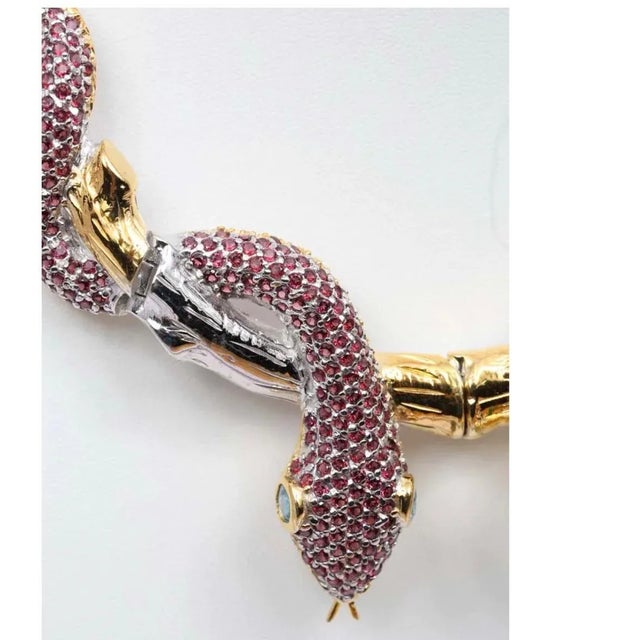 Metal Cleopatra Style Necklace 20 Carat Red Garnet Blue Topaz Sterling Silver Gold Double Snake Branch For Sale - Image 7 of 12