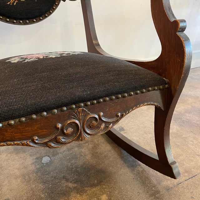 1930s Antique Carved Wood Needlepoint Rocking Chair | Chairish
