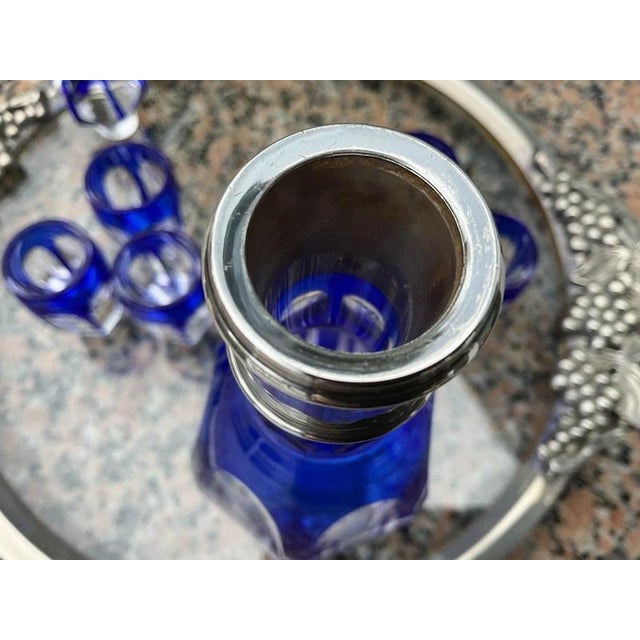 Early 20th Century Baccarat Cobalt Cut-to-Clear Crystal and 950 Silver Liqueur Set, 1910, Set of 7 For Sale - Image 5 of 16