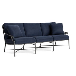Brown Jordan Venetian Sofa, Textured Pewter frame with Fusion Neptune fabric For Sale