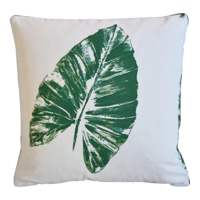 Kravet Fabrics Hand-Printed Green Botanical Banana Leaf Feather/Down Pillow 21" Square For Sale