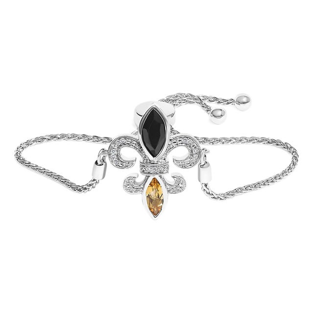 .925 Sterling Silver Marquise Black Onyx, Orange Citrine, and Diamond Accent Lariat 4���-10��� Fleur De Lis Adjustable Bolo Bracelet - 7" For Sale