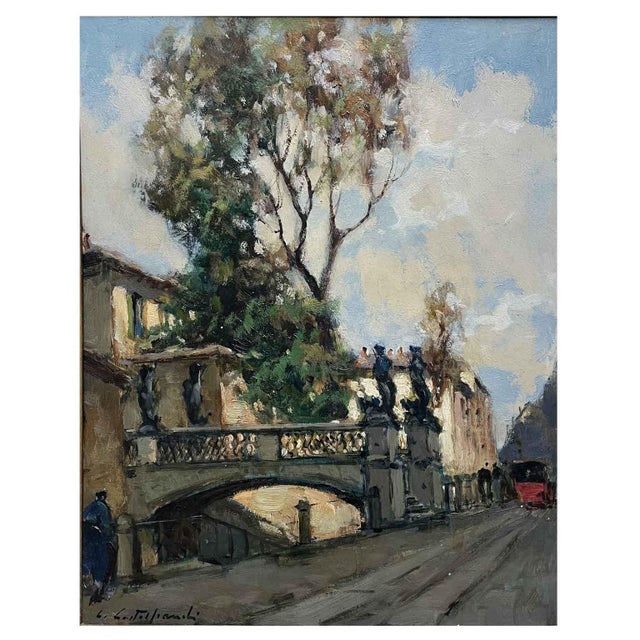 Cirano castelfranchi's "view of the naviglio di via san damiano," 1952, oil on poplar plywood, depicts a view of old...