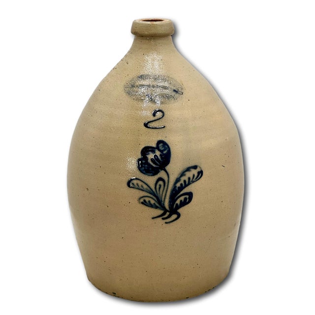 Outstanding Antique 2 Gallon Blue Flower Decorated Stoneware Jug by Burger in Rochester N. Y. Circa 1877 to 1880 For Sale In Boston - Image 6 of 18