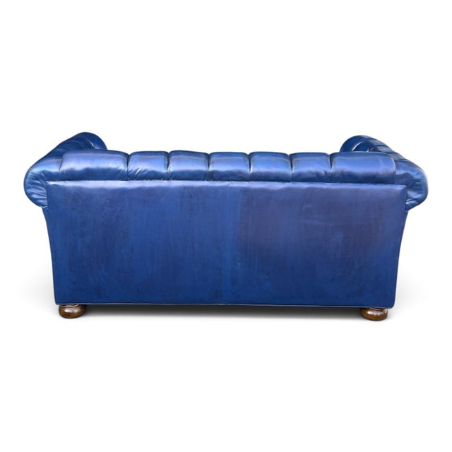 Wood Vintage Chesterfield Navy Blue Tufted Leather Loveseat W/ Brass Trim For Sale - Image 7 of 16