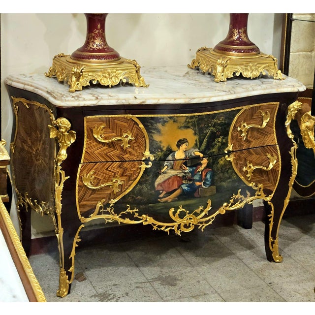 Hand-Painted Louis XV Style Marble Top Commode Chest With Gold Leaf & Bronze Mounts For Sale - Image 4 of 4