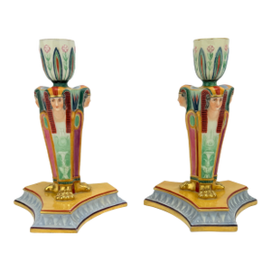 Kerr & Binns Worcester Porcelain Egyptian Revival Candlesticks, Circa 1852-1862