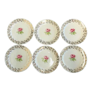 Vintage Taylor Smith Golden With Pink Flower Dessert or Bread Plates Set of 6