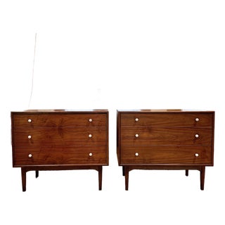 1960s Pair of Drexel Declaration Walnut 3-Drawer Dressers by Kipp Stewart | Mid-Century Modern For Sale