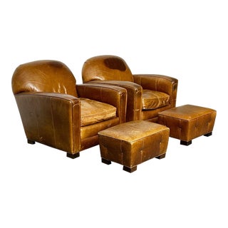 Pair of Large Art Deco Distressed Leather French Club / Lounge Chairs For Sale