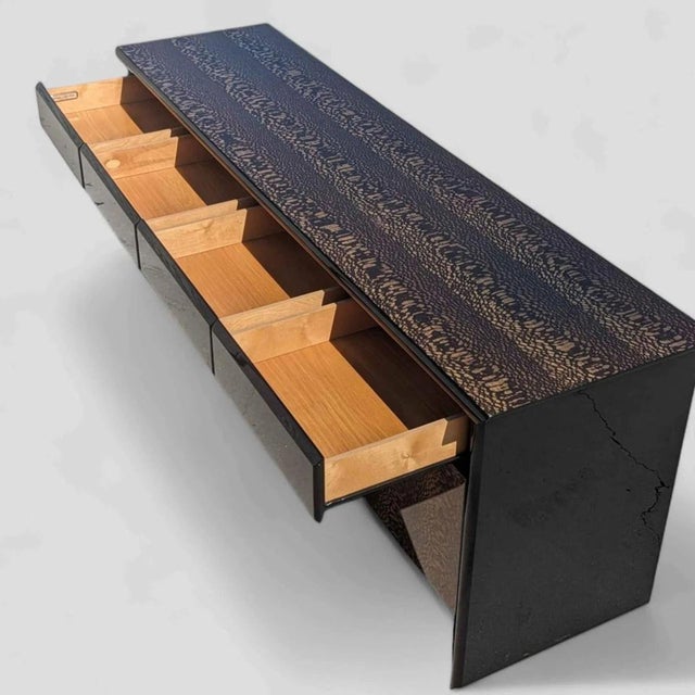 Bring timeless design into your home with this 1980s Postmodern credenza in snakewood and black lacquer. Design: An...