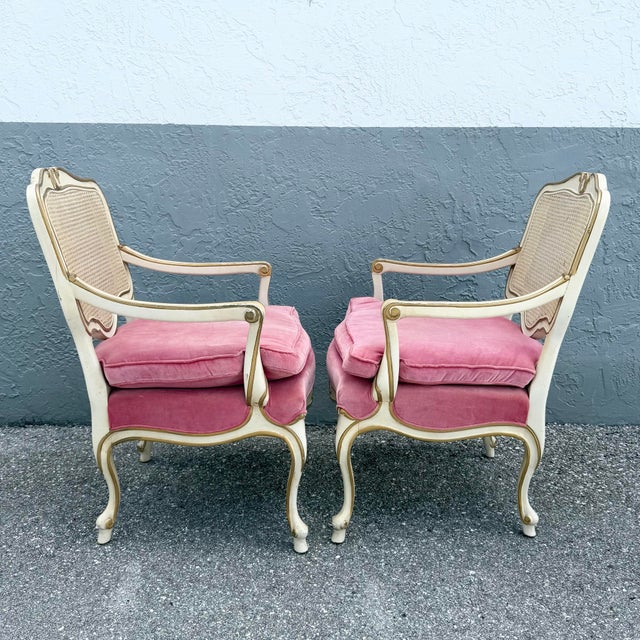 Vintage French Provincial Pink Velvet and Cain Back Chairs - A Pair For Sale In West Palm - Image 6 of 11