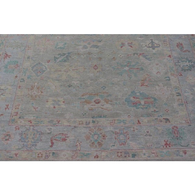 2020s Modern Oushak Floral Motif Design in Light Green Background and Colorful Design For Sale - Image 5 of 12