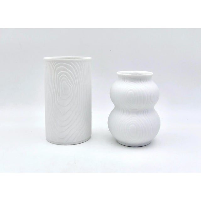 Vintage German Op-Art White Bisque Porcelain Vase Set With Wood Grain Decor For Sale - Image 11 of 11