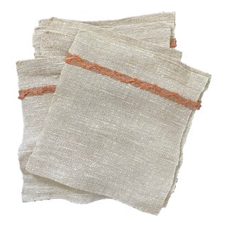 Vintage MCM Handwoven Linen Napkins. Taupe & Salmon. Set of 11 For Sale