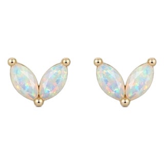 Dainty Opal Leaf Earrings | Natural Gemstone Studs | Minimalist October Birthstone Studs - A Pair For Sale