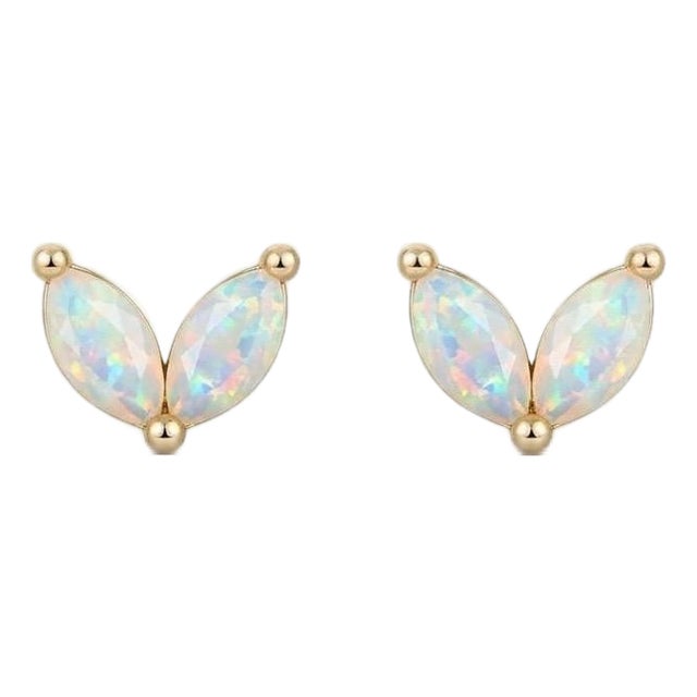Dainty Opal Leaf Earrings | Natural Gemstone Studs | Minimalist October Birthstone Studs - A Pair For Sale
