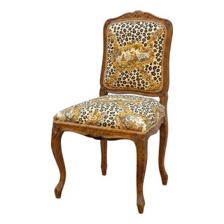 1950s French Carved Oak Chair in Brunschwig & Fils Chinoiserie Leopard Fabric For Sale